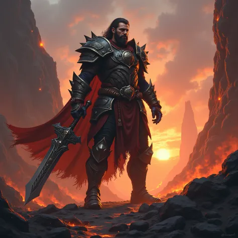  A warrior in a scene from a volcanic and dangerous place at great risk of death. This is an image to represent an RPG adventure 