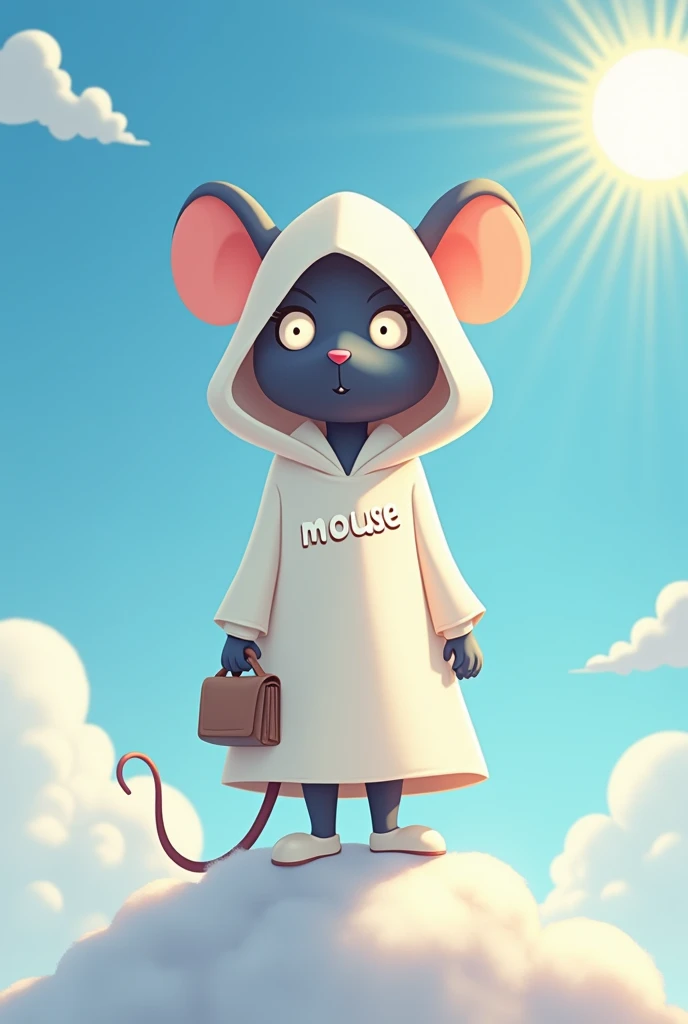 Illustration of a mouse wearing a white robe with a hood and a mask covering their face. the mouse is standing on a cloud with a blue sky and white clouds in the background.he is wearing white shoes. MOUSE written on White robe. the sun is shining brightly...