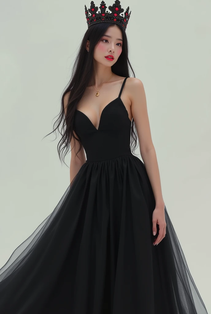 la lisa famous kpop idol from black pink wearing black long frock (barbie) and long heals and black crown with red rubies