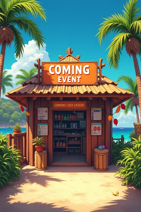  A kiosk on Kiribati Island where major events are held,  at the entrance has a sign that says  "Coming soon event "
