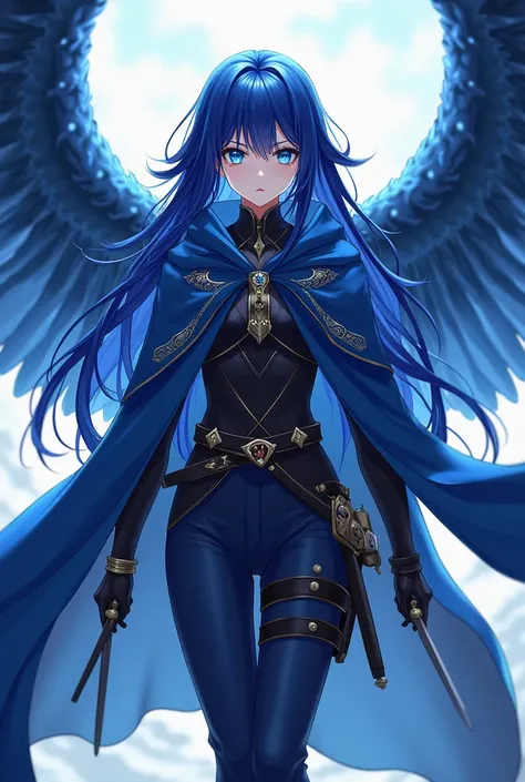 (work of art, Maximum quality, best qualityer, offcial art, beautiful and aesthetic:1.2) Anime Female, Long Dark Blue Hair, Blue Eyes, Wings, Wearing Blue Cloak, Black Armor, Blue Clothes, Dark Blue Pants, Holding Daggers.