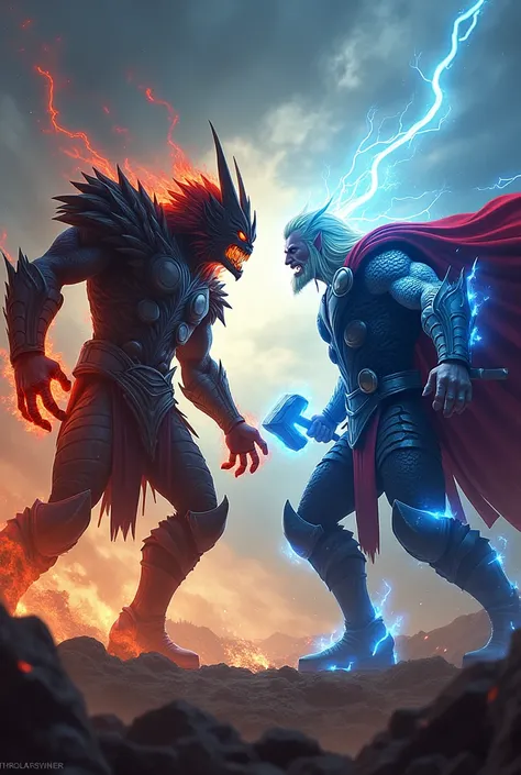 Create an image of two mythical warriors, Ragnaro and Thor, facing each other in an intense, confrontational stance. Both characters are in an angry mode, exuding immense power. Ragnaro appears as a towering, ferocious figure with fiery red eyes, dark armo...