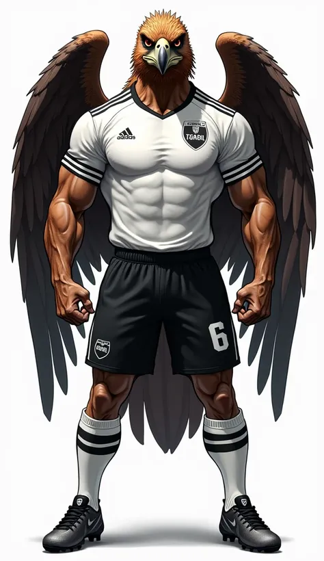 A muscular and imposing anthropomorphic hawk, dressed in the full Corinthians uniform, including a white jersey with black details, black shorts, and white socks with black stripes. The character stands in a confident and powerful pose, showcasing well-def...