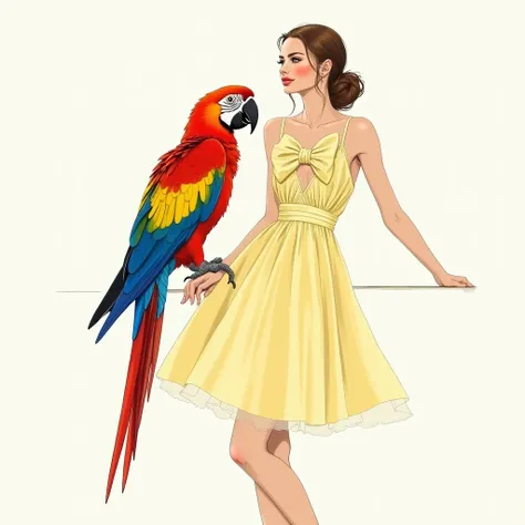 Design an elegant fashion illustration featuring a playful model in a pastel yellow sundress with oversized bow details, posing beside a cheerful parrot with multicolored plumage. Highlight the whimsical contrast between the models sunny disposition and th...