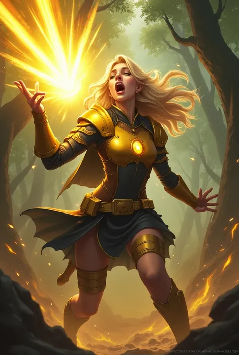 Create a splash art inspired by the League of Legends universe featuring Louise, a 20-year-old female character, in the middle of using her power.

Description:
Depict Louise screaming, with a powerful supersonic wave bursting from her mouth. Her fair skin...