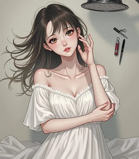   A woman in a white dress poses for a photo, shikamimi, Teshirogi Shiori , Chiho, Written by Kojima Ayumi, 🚿🗝📝,  Kotegawa Yui ,  Kakinouchi Narumi  , Sakura Kinomoto,  princess cut, sakimimichan, Ayami Kojima Amano