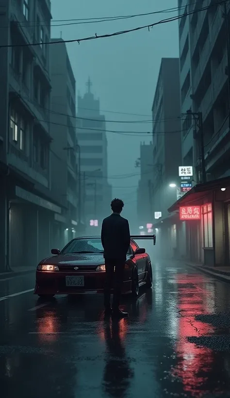 A men go away,rainy day,dark city,on the side a nissan silvia,anime,manga,a shop with angarage text