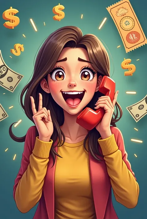 A girl talking on the telephone. A lottery ticket and money and dollar signs in the background 

