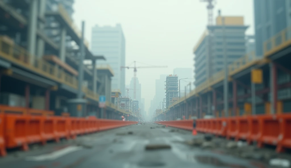 "An out-of-focus urban construction zone with stacks of materials and heavy machinery in the distance, surrounded by safety barriers."
