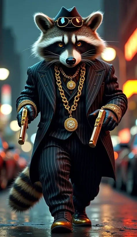 A massive raccoon-gangster hybrid struts confidently down a moonlit alley, exuding luxury and danger. Its thick fur, mottled with black and gray, peeks out from beneath a custom-tailored pinstripe suit adorned with gold embroidery. Around its neck dangle t...