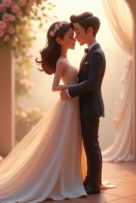 Create very nice animated couple image in 3D elegant dresses for an invitation to a wedding