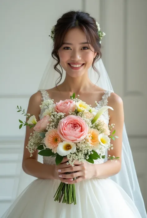 Create slide. Young bride with bouquet of flowers from peonies, calla lilies, ranunculus and poppies on light background. Background monochrome. Realistic photo.