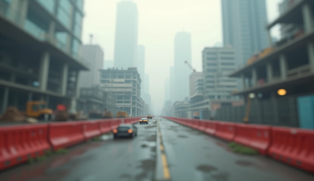 "An out-of-focus urban construction zone with stacks of materials and heavy machinery in the distance, surrounded by safety barriers."
