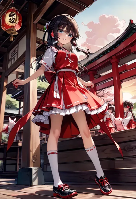 Prompt:(girl:1.5),(Reimu hair),(highlight:1.5),standing,((sun,noon)),((hakurei shrine:1.5)),((gripping have a long wooden gohei rods :1.5)),((put on have a red bow behind hair:1.5)),((red miko clothes:1.5)),((red miko clothes frill skirt:1.5)),((put on hav...