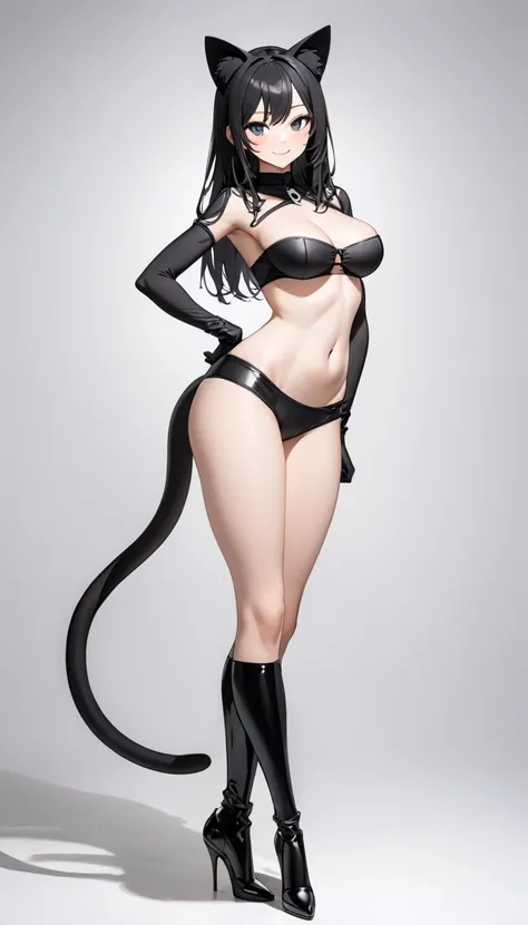 Black cat ears,Black cat tail, Front Open Black Tube Top Bra,Black Micro Hot Pants , black long gloves,, Black Long Boots Pin Heels , sexy,Beautiful breasts, cleavage,Sideboob,Underboob, belly button out, porcelain-like skin,smile,stand, Poses Like a Model...