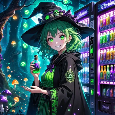 A close-up, whimsical yet slightly sinister scene of a Poison Vending Machine designed for witches, glowing with vibrant green and purple lights. A cute and charming anime-inspired witch stands close to the vending machine, shown in close-up. She has brigh...