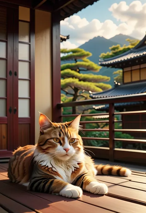 ((masterpiece,  top quality ,  highest image quality taken by Ki,  high definition ,  Photorealistic ,  RAW photos ,  extremely detailed unified CG 8K wallpaper )), Cat sleeping on the balcony of a traditional Japanese house, Moody Atmosphere ,  chiaroscur...