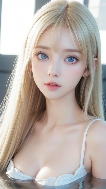  one very white girl 、 very cute appearance 、 high definition 、 very bright white shiny skin 、 very beautiful long bright blonde 、bangs、Very bright blonde、Eye Spacing Bangs 、 super long straight silky hair 、Very long blonde hair、 hair covering one eye 、 sh...