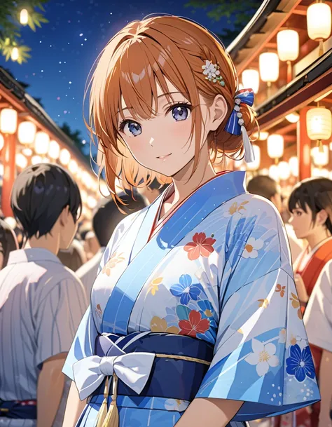 Japanese Yukata, night, Bon Odori, Mikoshi (portable shrine), Summer Festival, ( Japanese anime style ),  cute, (Misaka Mikoto), masterpiece:1.5, masterpiece, highest quality, UHD, retina, masterpiece, accurate anatomy, super detailed, high quality, best q...