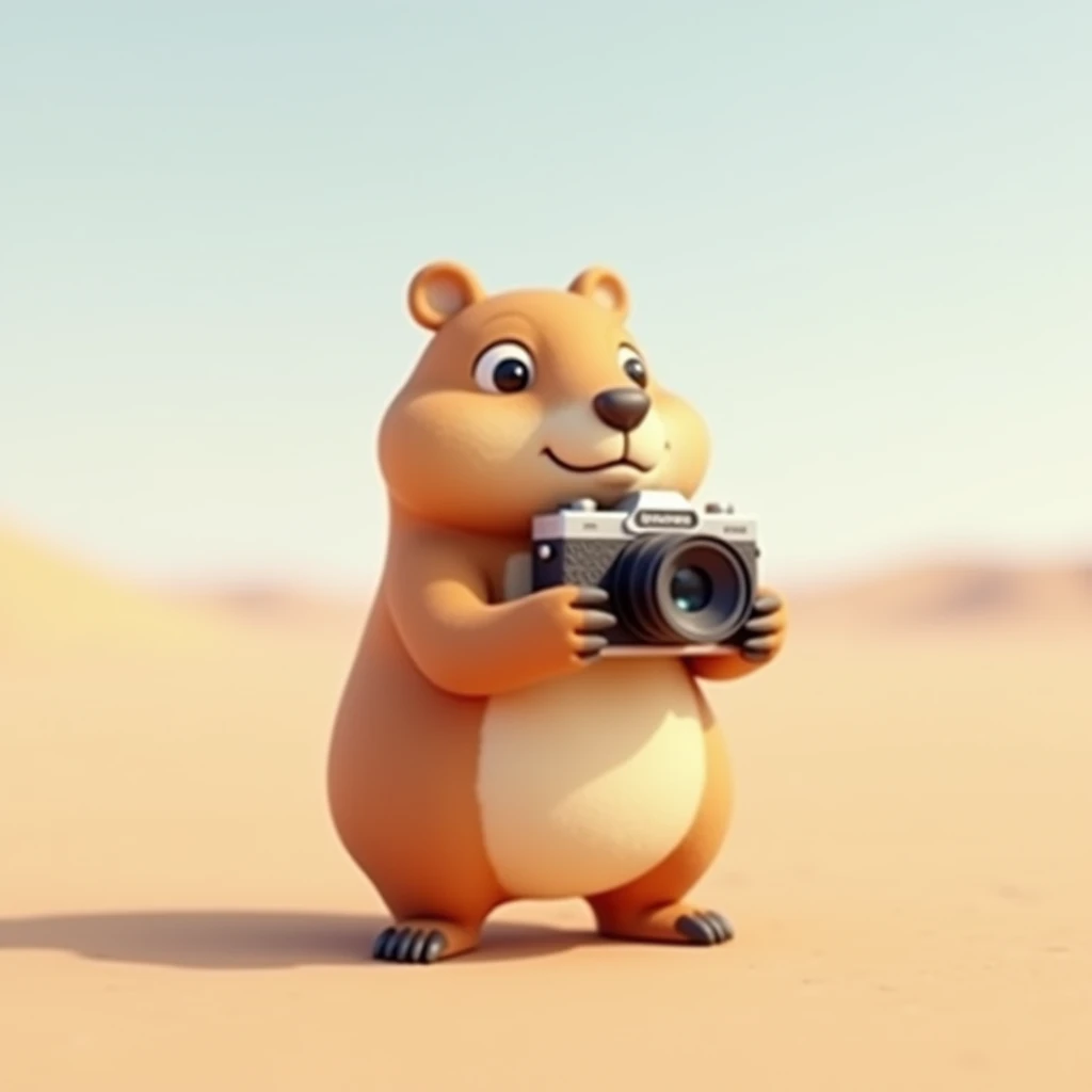 Capybara、cute、3d、 character 、 small、 No Emotion、 holding a camera 、Standing on a large plain、