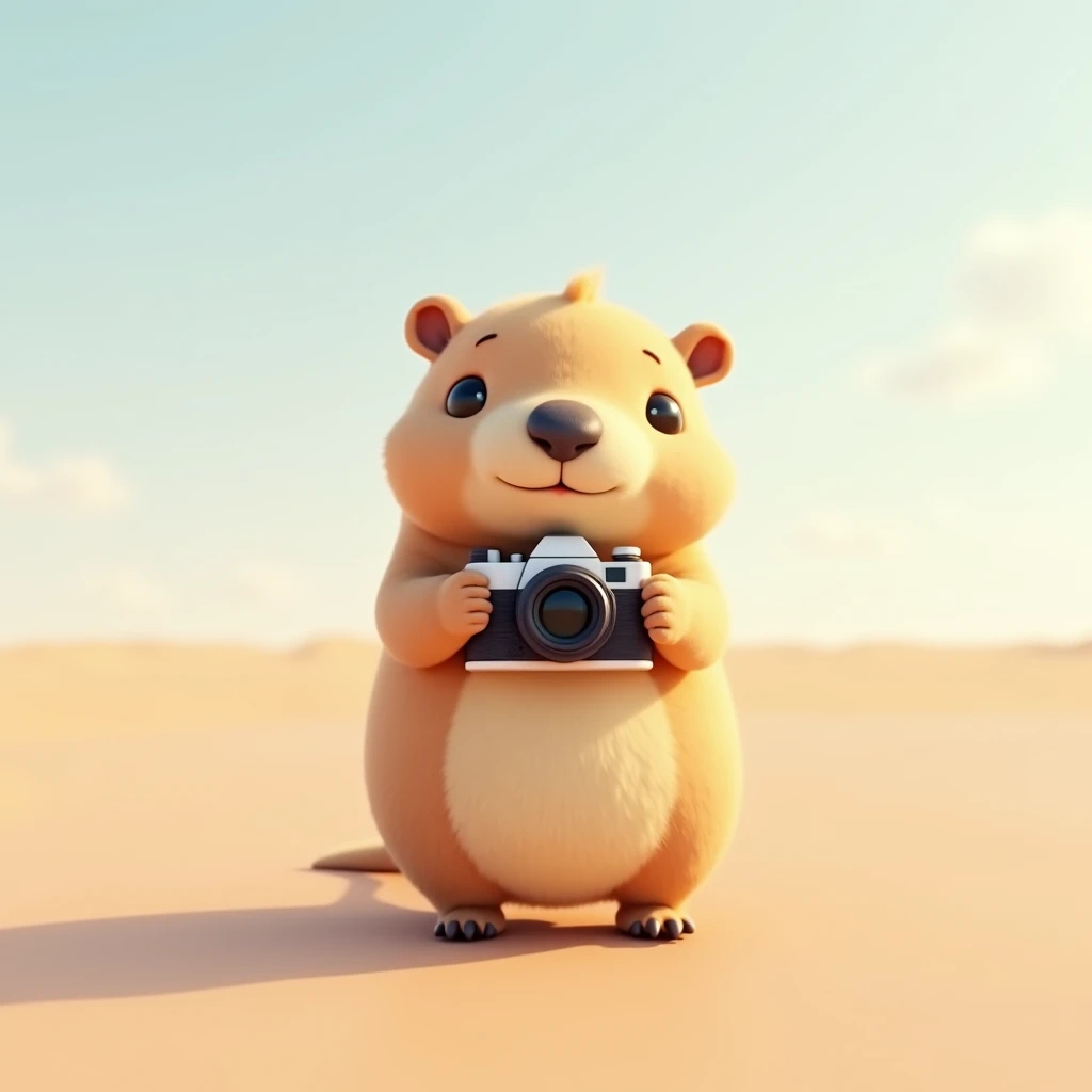 Capybara、cute、3d、 character 、 small、 No Emotion、 holding a camera 、Standing on a large plain、