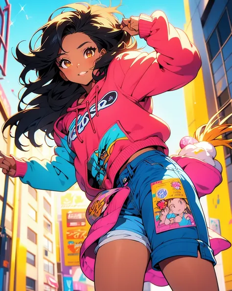 "Yuri is a vibrant and confident anime-style girl with long, straight black hair and large expressive brown eyes. She has a sun-kissed tan skin tone, glowing with warmth and youthfulness. Her lips are full with a natural pink tint, and her facial expressio...