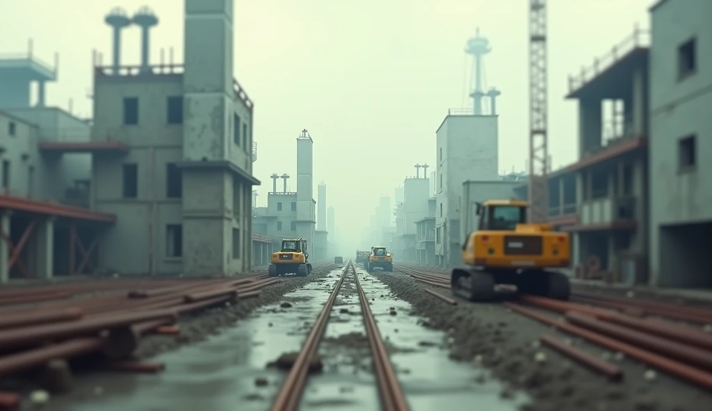 "Abstract blurred construction zone with muted tones of concrete, rebar, and industrial equipment under overcast skies."
