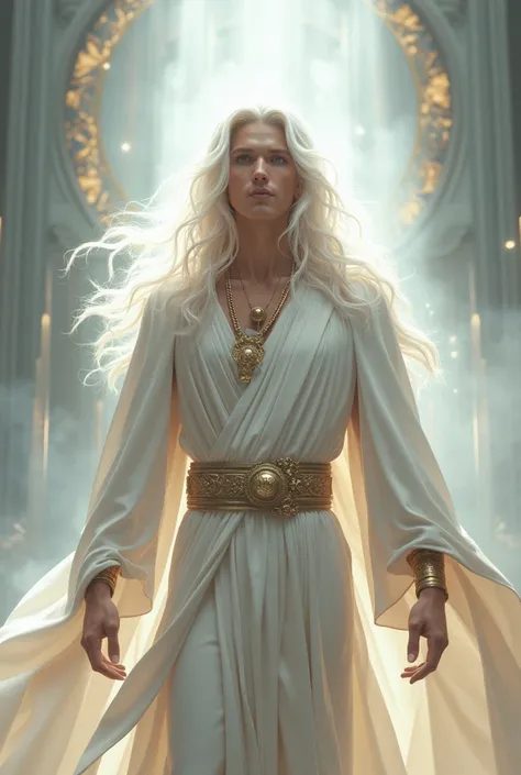 An omnipotent handsome young god in white robes with long white hair and a kind look