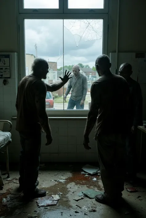 16K quality， ultra realistic style，拍摄丧尸的back，The ward is full of zombies ，back，They had their backs on the camera ， and reach out to the broken glass farthest away in the picture，cloudy day