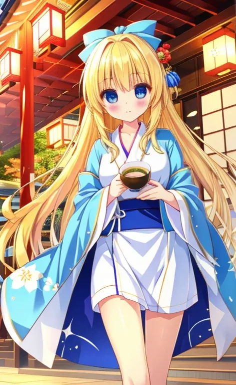   beautiful long blonde girl drinking Japanese tea　  blue eyes 　 beautiful long blonde girl in pale blue bathrobe  　Festivals　whole body　 walking