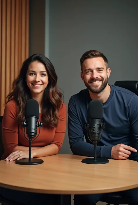 Create image for lip-sync of A man and a woman in a podcast room siting on a podcast table next to each other neutral face (do not smile) look to  front camera angle and each one have podcast microphone. Note: Look at front camera angle.