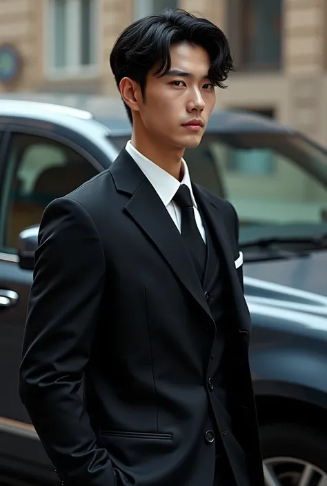 (photorealism:1.2), Korean man, tall bodyguard, 25 years old, very handsome, slender and muscular figure, slender face, medium wavy black hair, grey eyes, standing next to a limo, flat expression, realistic, intricate details. 