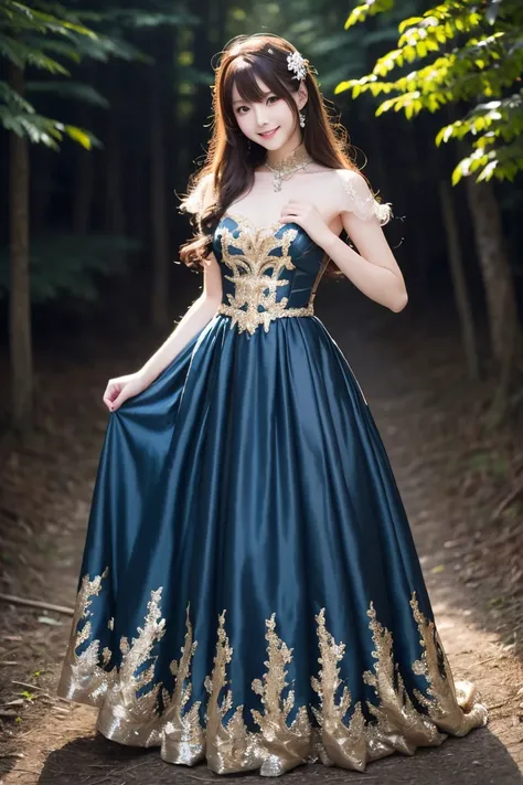  wearing a blue dress with a long skirt,   Japanese idol 、Full dress,  fantasy dress,  Elegant and Attractive Cosplay , Japanese model wearing fantasy style formal attire ,  black shimecut hairstyle,  looking at camera、Detailed and beautiful eyes、 cute smi...