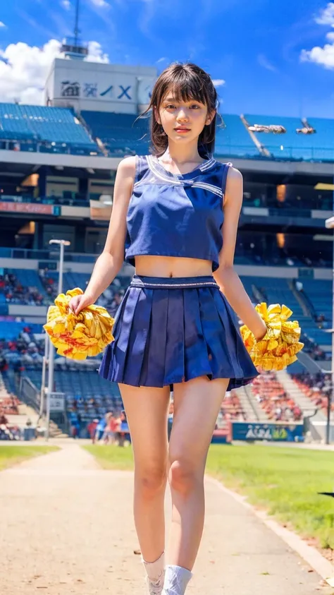 A beautiful young Japanese woman, 20 years old, with perfect anatomy, healthy thighs, beautiful feet, flawless skin, random hair color and style, large bust, (she is standing:1.2), wearing a cheerleader uniform with micro-pleated miniskirt, in a full body ...