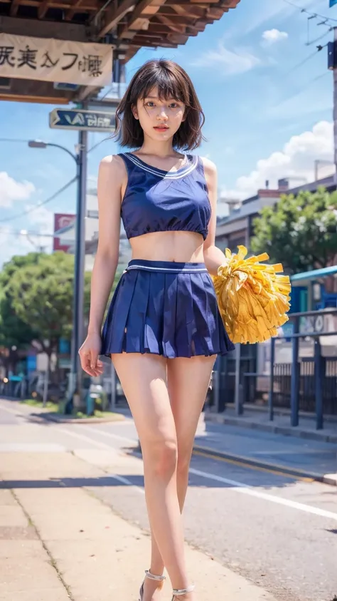 A beautiful young Japanese woman, 20 years old, with perfect anatomy, healthy thighs, beautiful feet, flawless skin, random hair color and style, large bust, (she is standing:1.2), wearing a cheerleader uniform with micro-pleated miniskirt, in a full body ...