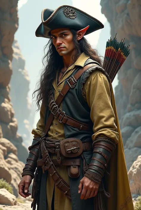  Create an RPG character Elf ,  he has tanned skin and dresses like a pirate tomb raider, Theres a quiver on his back ,  he has a very well carved black hat .