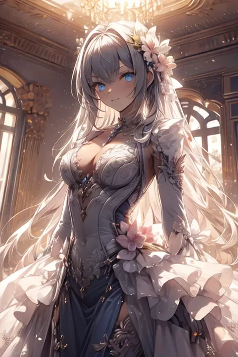 ( top quality ,4K,8k, high definition ,masterpiece:1.2), very detailed,Mature Woman,, magic ,enchanting,joy,Sacred Goddess, magic al effect, Silver Hair, blue eyes,バンケットドレス,Exquisite decoration,Features of the  magic al costumes of the heavens，A small amou...