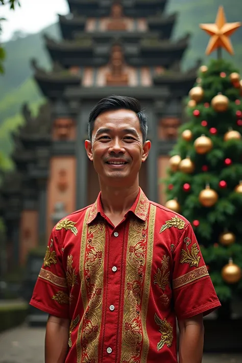  Happy Christmas greeting writing in large print,  there is a realistic looking young Indonesian boy , 50 years old,  wearing a batik shirt ,  nuanced images of bali culture , there is a temple ,  there is a Christmas tree , and the other , Very real,  ver...