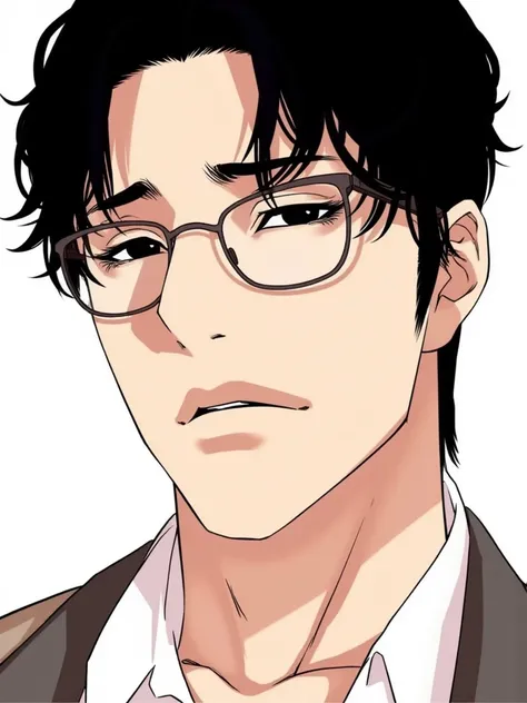 A panel from Lookism Manhwa. This is a digital drawing in an anime style, featuring a close-up of a man with a serious and contemplative expression. The man has short, dark hair that is slightly tousled, with a few strands falling across his forehead. He i...