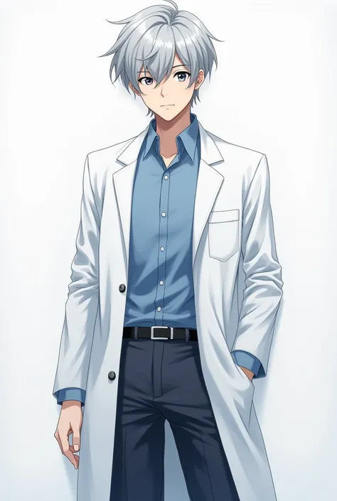 "A full-body illustration of an androgynous young male character with short silver-gray hair and sharp, focused eyes. He is wearing a white lab coat over a clean, simple blue shirt and dark trousers. His expression is confident and determined, with a sligh...