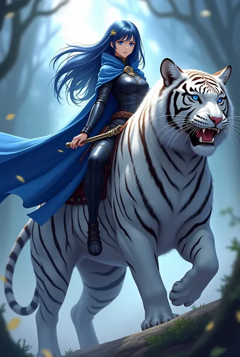 (work of art, Maximum quality, best qualityer, offcial art, beautiful and aesthetic:1.2) Anime Female, Long Dark Blue Hair, Blue Eyes, Wearing Blue Cloak, Black Armor, Blue Clothes, Dark Blue Pants, Riding a White Tiger.