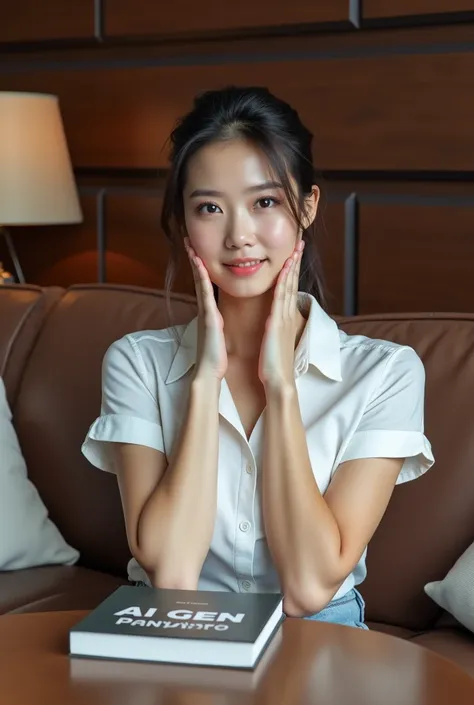 Create 4K Photo a  Asian woman 25 years old is seated Neck-grabbing pose to relieve embarrassment on a brown leather couch. She is wearing a short-sleeved white button-down shirt, adorned with a collar and buttons. Her Slide Layered white and brown hair is...