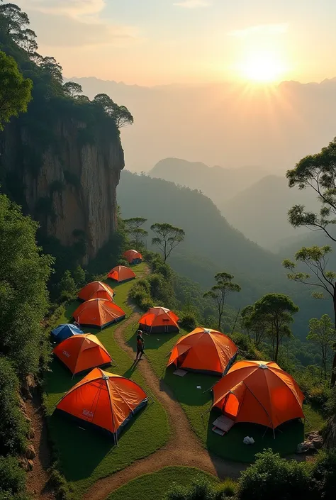 Realistic photos of maximum resolution Small resort descending along the high hill of the locals on the summit of Doi, Thailand. Beautiful views of lush jungle, small mountains, cliffs, air -3 tourists watching the sunset, various tents, parking, family at...