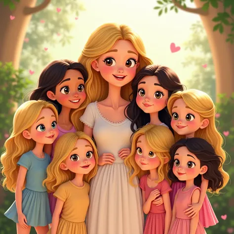 Criar imagem desenho disney pixar de uma mae loira jovem com suas 6filhas Create image Disney Pixar drawing of a young blonde mother with her Six daughters Blonde daughters and one with black hair Six daughters 