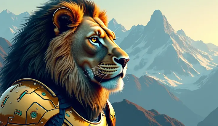  vectorized face of a lion with a futuristic profile ,  with gold armor and some details of blue , face of an eagle with a futuristic profile ,  with chrome armor and some details of green and a background of mountains