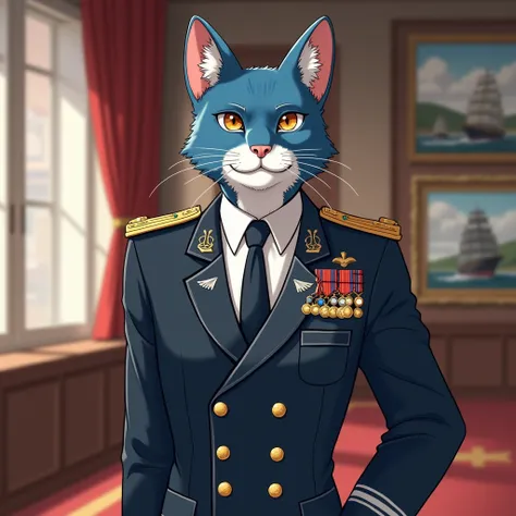 draw this a anthropomorphic male blue cat with brown eyes. He is a admiral and wears a naval uniform with tie and jacket and the chest full of medals and without eyelashes do it full body image in the ceremony hall with decoration with naval photos and shi...