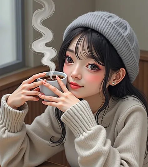 Carafe woman in grey hat and sweater holding coffee cup, Chiho, Chen Xintong, 🤤 Portrait of a Girl, sakimichan,  Dilraba Dilmurat , shikamimi, shinsui ito, 8k)),  with a pretty face - pretty face , 😭 🤮 💕 🎀, 💣 💥, Sakimi-chan