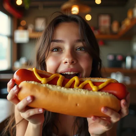 Advertisement picture of a sexy young girl huge big boobs eating a large hot dog ,sexual content be advised