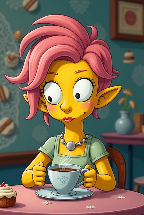 Create an image of the Simpsons  Meg character drinking a cup of coffee, with more ish traits and more stylish