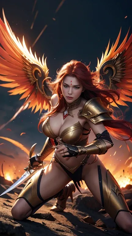 A goddess of battle, with radiant red armor and flowing crimson hair, wielding dual curved blades that drip with the blood of fallen foes. Her eyes are golden, fierce and unyielding, and her skin is adorned with battle tattoos that glow when she enters com...